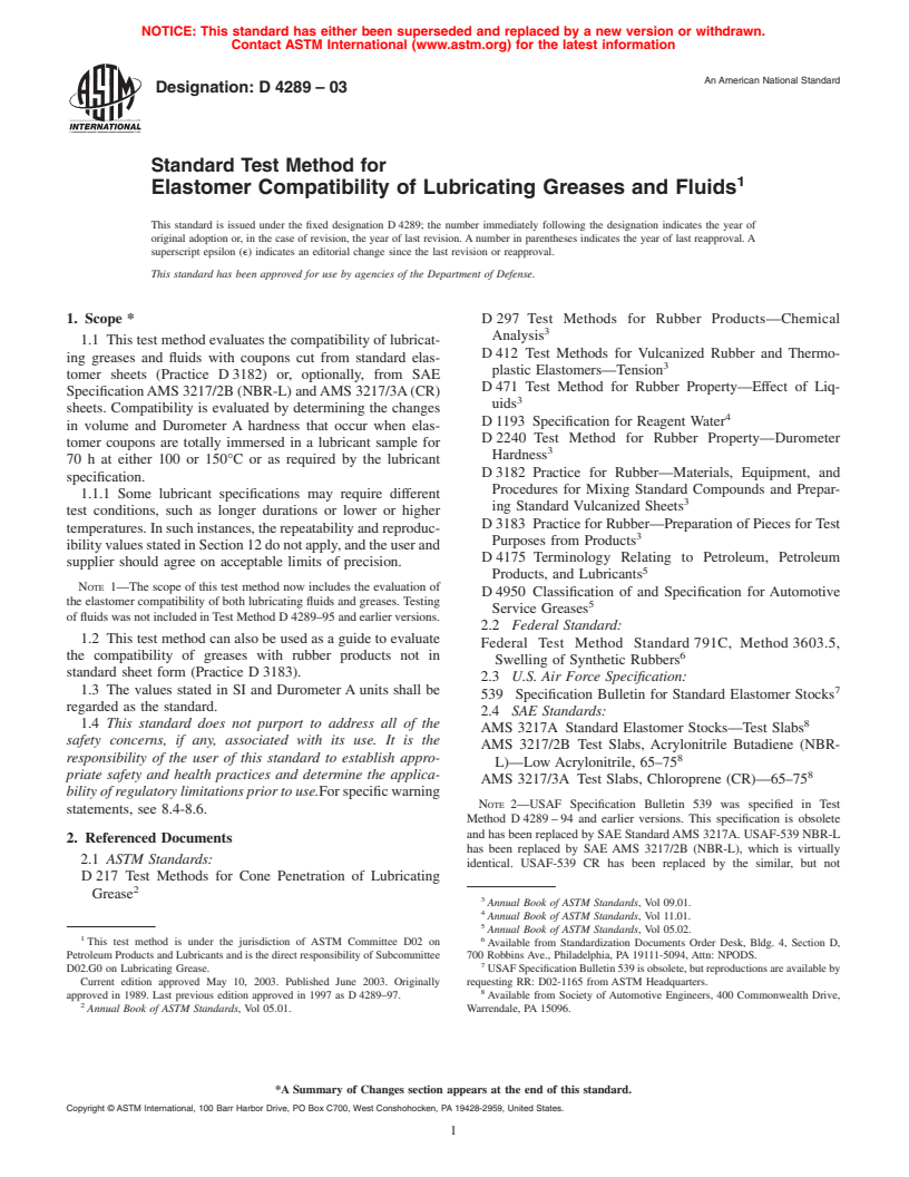 ASTM D4289-03 - Standard Test Method for Elastomer Compatibility of Lubricating Greases and Fluids