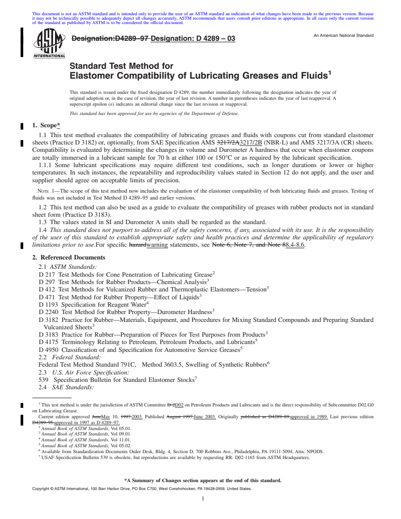 REDLINE ASTM D4289-03 - Standard Test Method for Elastomer Compatibility of Lubricating Greases and Fluids