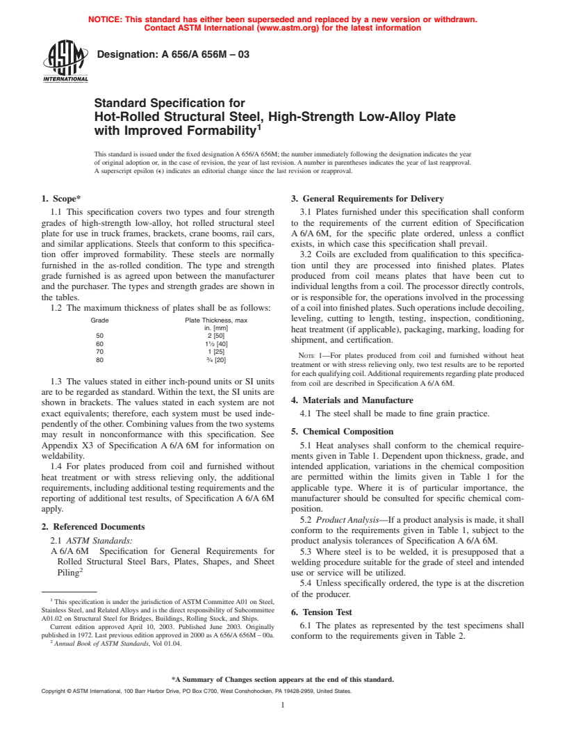 ASTM A656/A656M-03 - Standard Specification for Hot-Rolled Structural Steel, High-Strength Low-Alloy Plate with Improved Formability