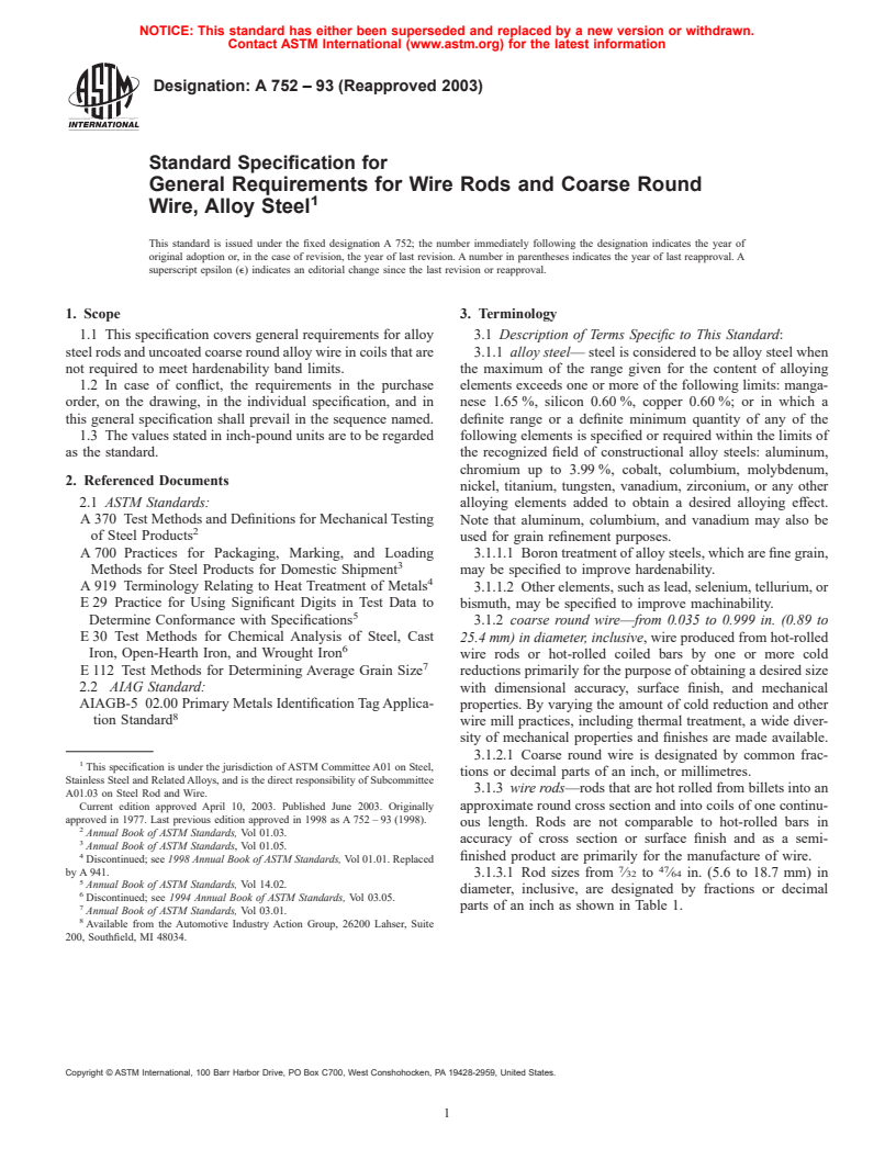 ASTM A752-93(2003) - Standard Specification for General Requirements for Wire Rods and Coarse Round Wire, Alloy Steel