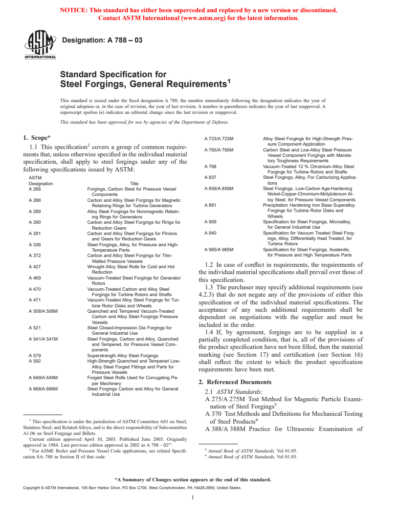 ASTM A788-03 - Standard Specification for Steel Forgings, General Requirements