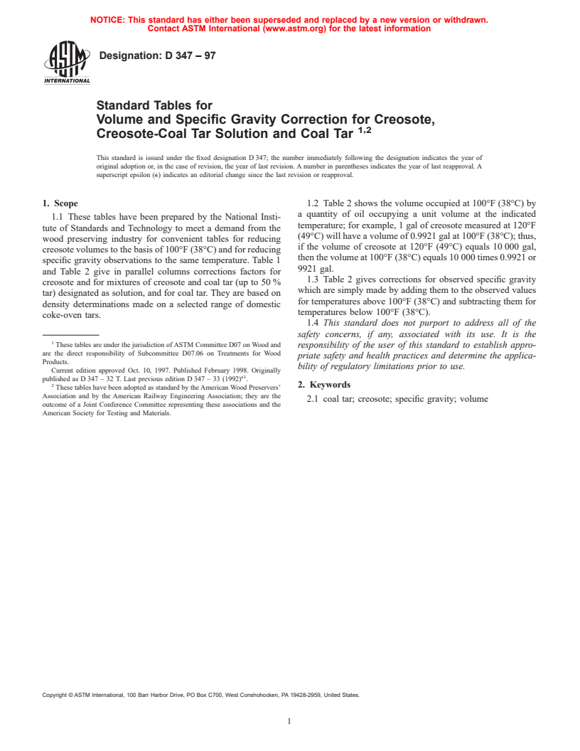 ASTM D347-97 - Standard Tables for Volume and Specific Gravity Correction for Creosote, Creosote-Coal Tar Solution and Coal Tar