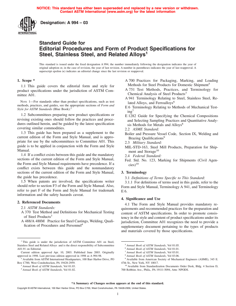 ASTM A994-03 - Standard Guide for Editorial Procedures and Form of Product Specifications for Steel, Stainless Steel, and Related Alloys