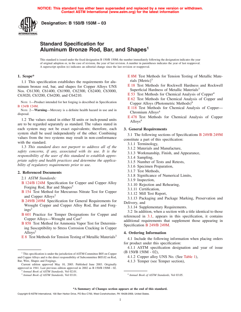 ASTM B150/B150M-03 - Standard Specification for Aluminum Bronze Rod, Bar, and Shapes