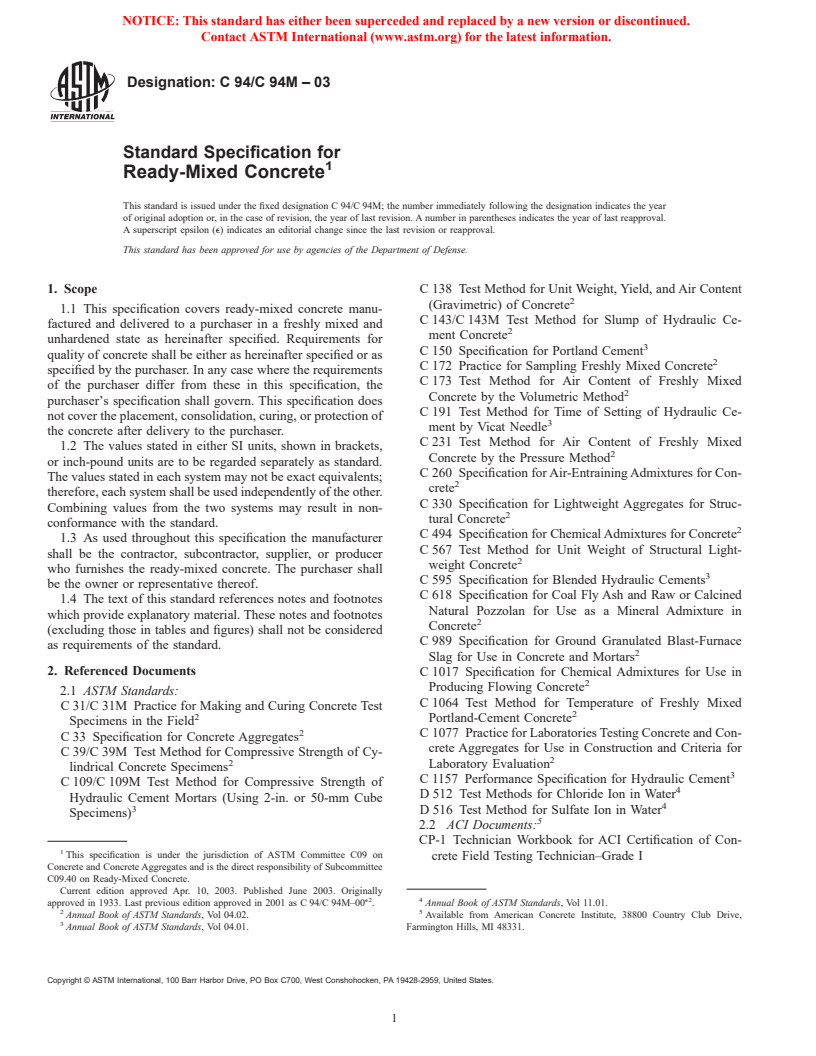 ASTM C94/C94M-03 - Standard Specification for Ready-Mixed Concrete