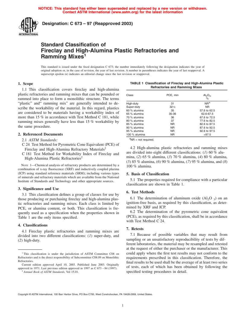 ASTM C673-97(2003) - Standard Classification of Fireclay and High-Alumina Plastic Refractories and Ramming Mixes