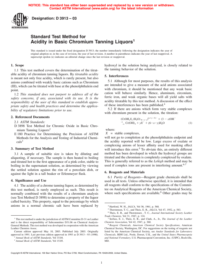 ASTM D3913-03 - Standard Test Method for Acidity in Basic Chromium Tanning Liquors