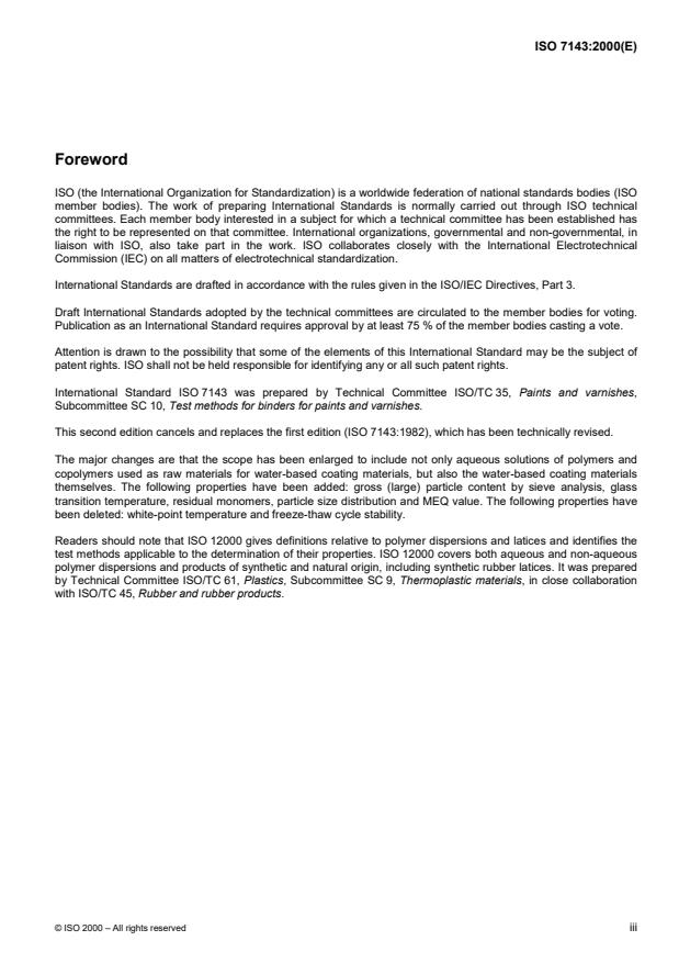 ISO 7143:2000 - Binders for paints and varnishes -- Methods of test for characterizing water-based coating materials and binders
