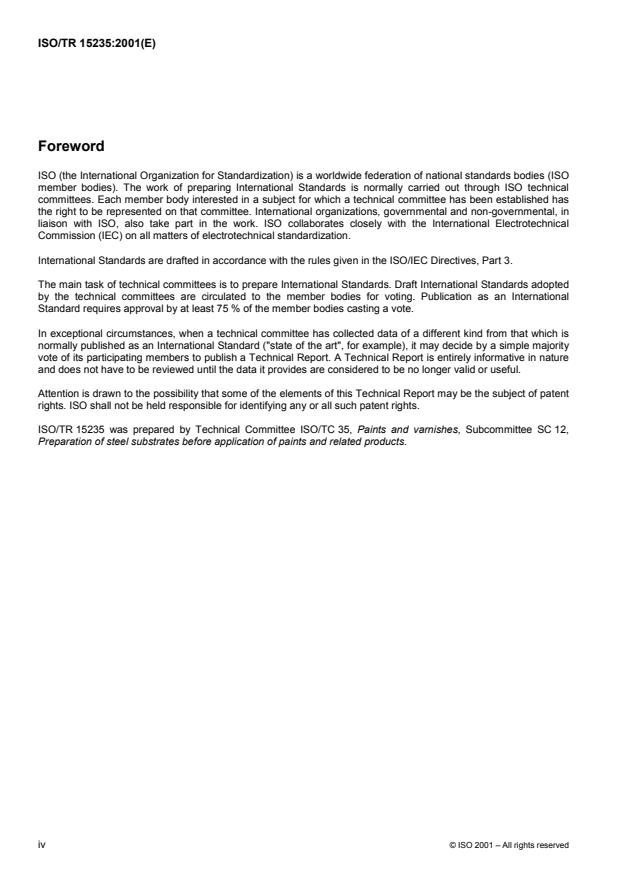 ISO/TR 15235:2001 ISO/TR 15235:2001 - Preparation of steel substrates before application of paints and related products -- Collected information on the effect of levels of water-soluble salt contamination - Page 4 preview