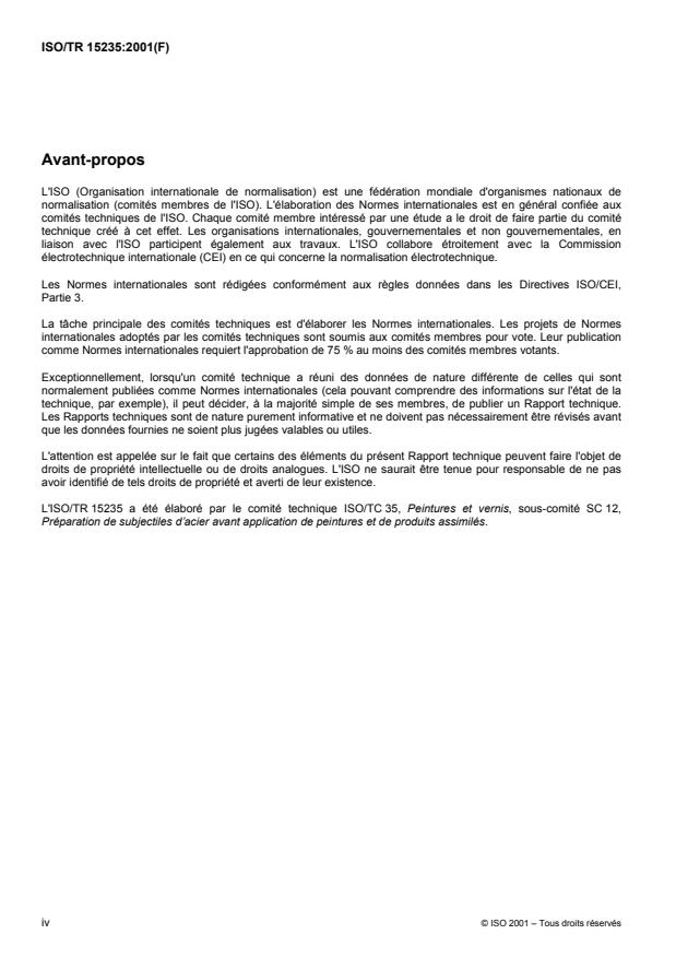 ISO/TR 15235:2001 ISO/TR 15235:2001 - Préparation des subjectiles d'acier avant application de peintures et de produits assimilés -- Conseils sur les teneurs en contamination des sels solubles dans l'eau - Page 4 preview