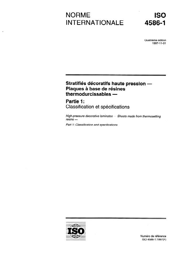 ISO 4586-1:1997 - Stratifiés décoratifs haute pression -- Plaques a base de résines thermodurcissables