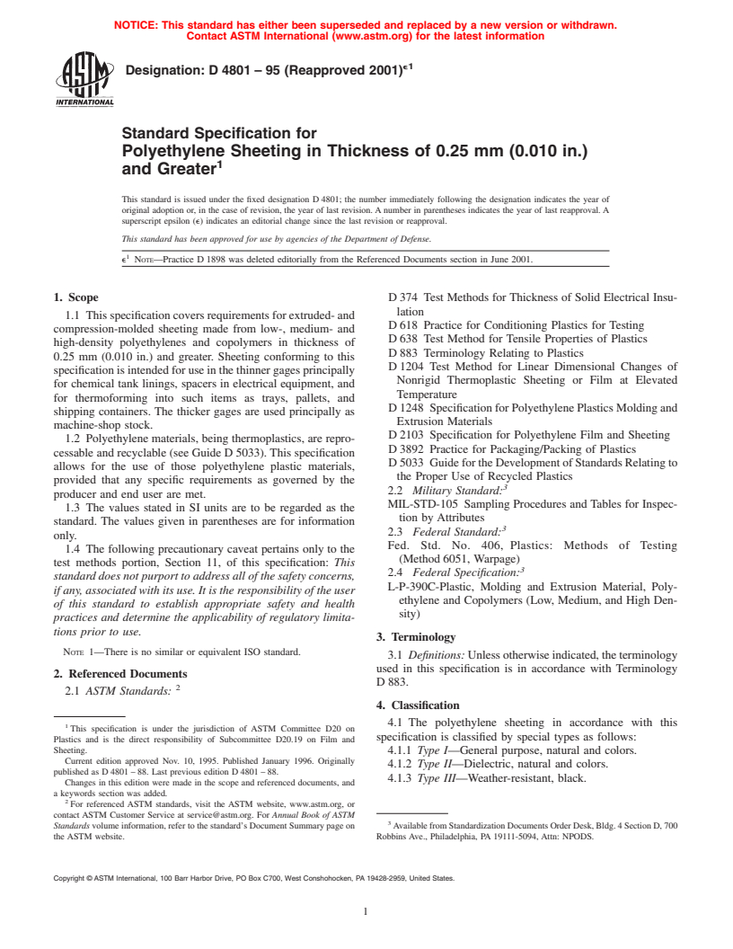 ASTM D4801-95(2001)e1 - Standard Specification for Polyethylene Sheeting in Thickness of 0.25 mm (0.010 in.) and Greater