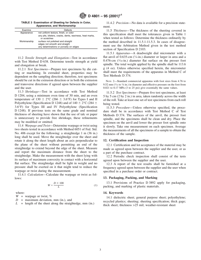 ASTM D4801-95(2001)e1 - Standard Specification for Polyethylene Sheeting in Thickness of 0.25 mm (0.010 in.) and Greater