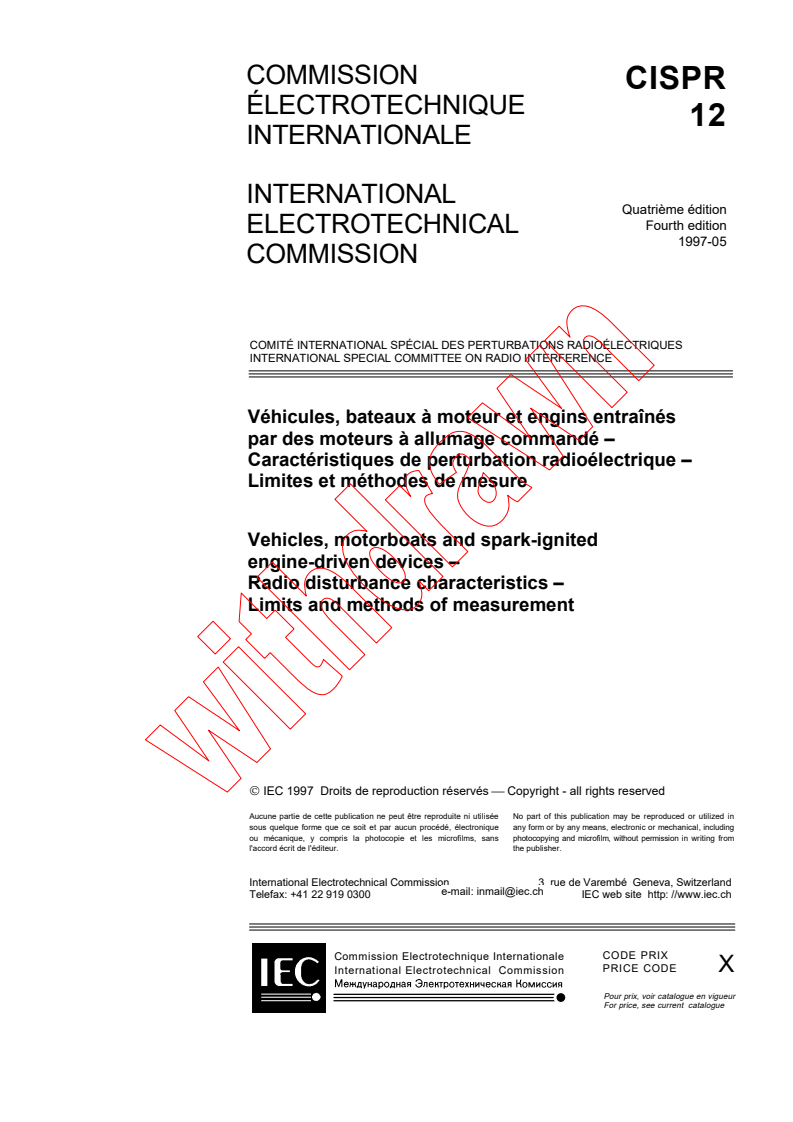 CISPR 12:1997 - Vehicles, motorboats and spark-ignited engine-driven devices - Radio disturbance characteristics - Limits and methods of measurement
Released:6/10/1997
Isbn:2831838444
