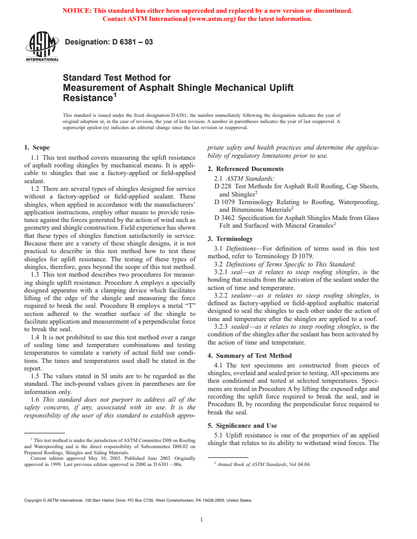 ASTM D6381-03 - Standard Test Method for Measurement of Asphalt Shingle Tab Mechanical Uplift Resistance