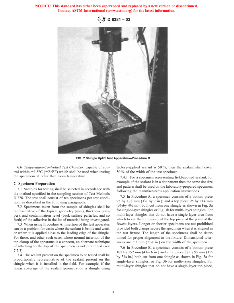 ASTM D6381-03 - Standard Test Method for Measurement of Asphalt Shingle Tab Mechanical Uplift Resistance