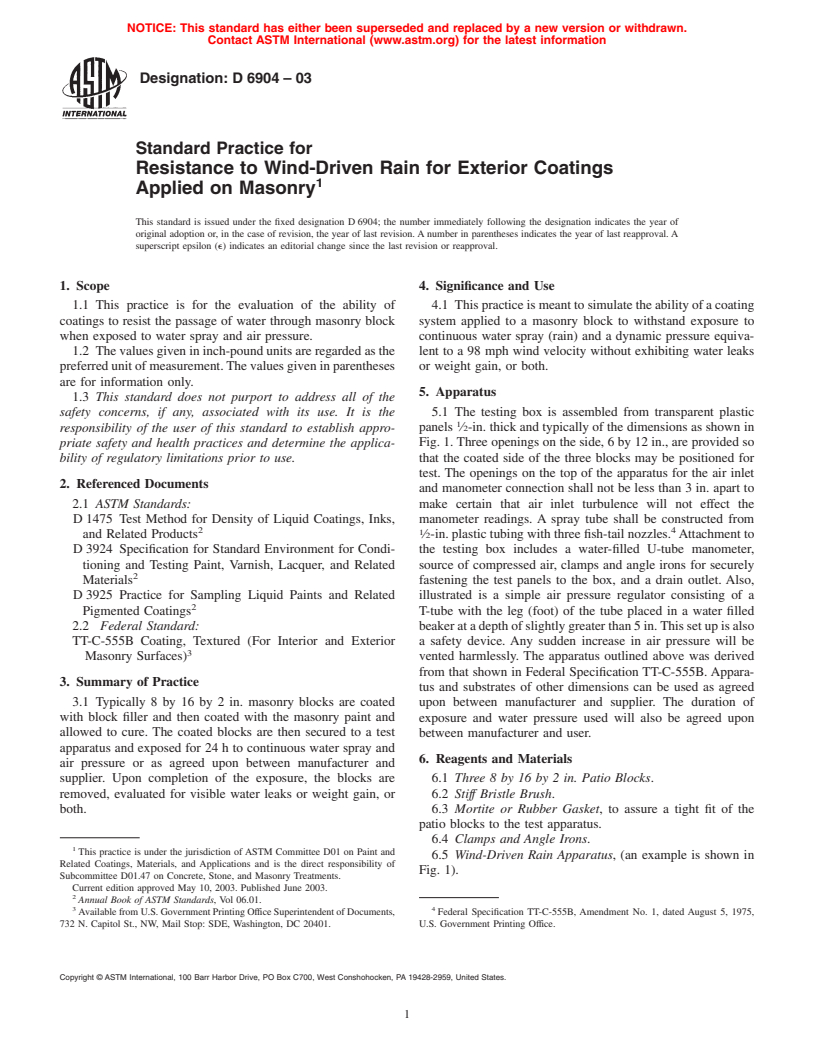 ASTM D6904-03 - Standard Practice for Resistance to Wind-Driven Rain for Exterior Coatings Applied on Masonry