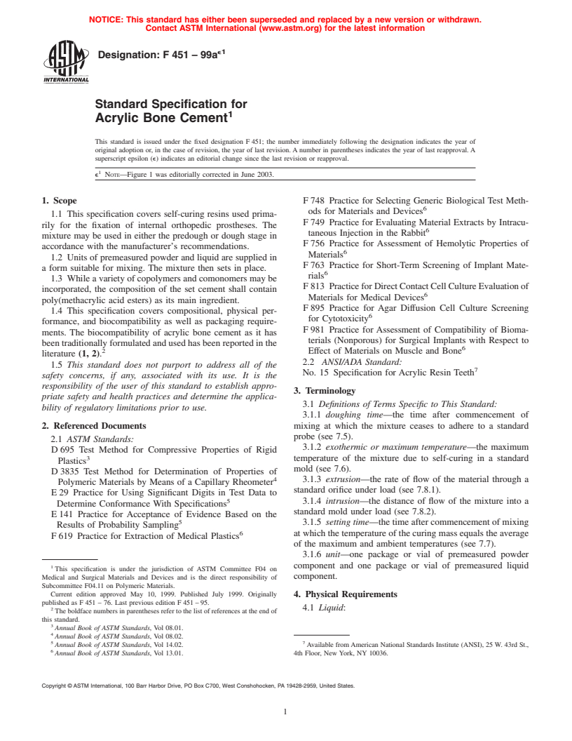 ASTM F451-99ae1 - Standard Specification for Acrylic Bone Cement