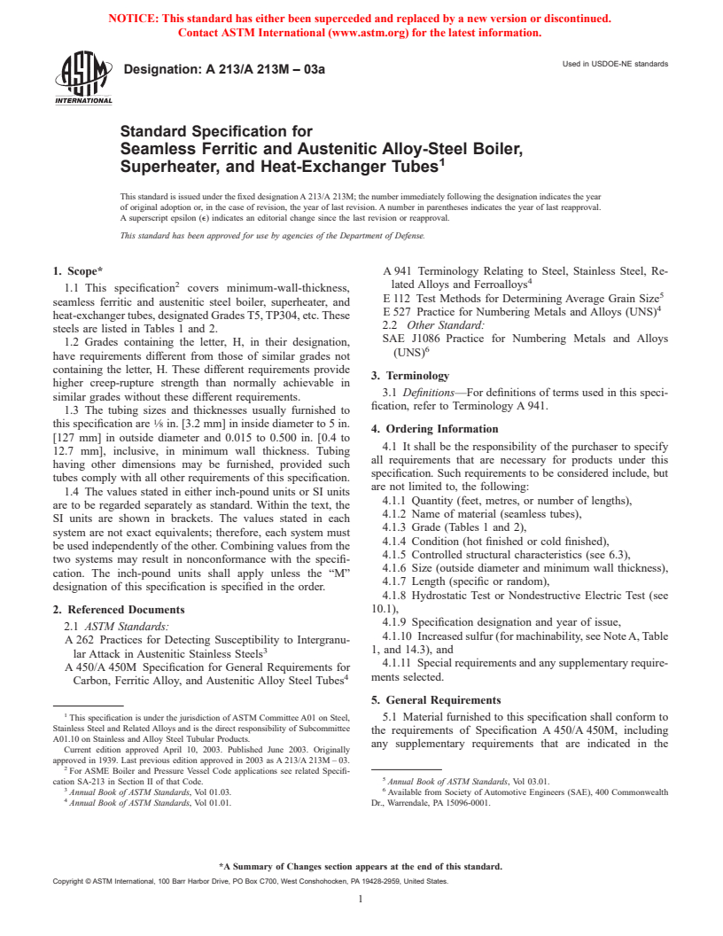 ASTM A213/A213M-03a - Standard Specification for Seamless Ferritic and Austenitic Alloy-Steel Boiler, Superheater, and Heat-Exchanger Tubes