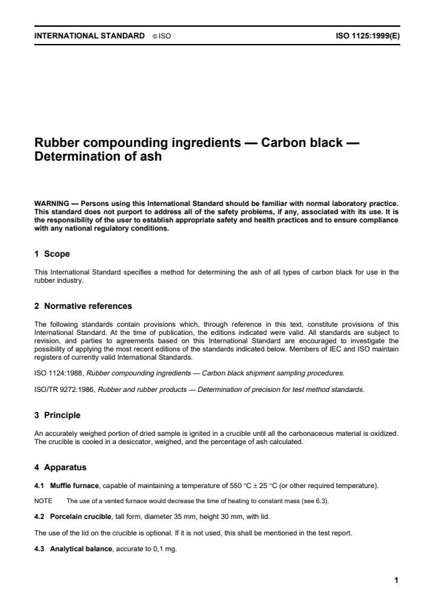 ISO 1125:1999 - Rubber compounding ingredients -- Carbon black -- Determination of ash