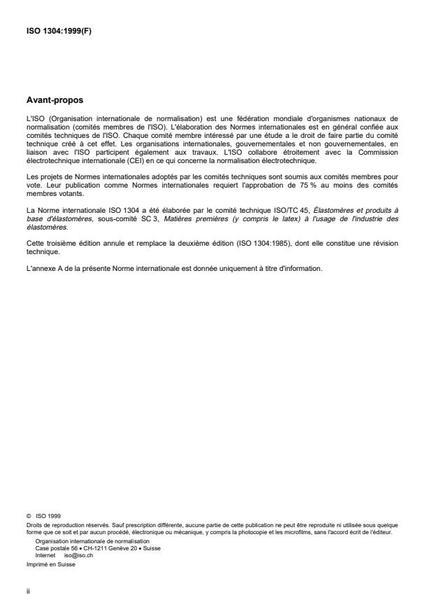ISO 1304:1999 ISO 1304:1999 - Ingrédients de mélange du caoutchouc -- Noir de carbone -- Détermination de l'indice d'adsorption d'iode -- Méthode titrimétrique - Page 2 preview