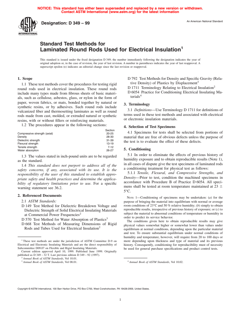 ASTM D349-99 - Standard Test Methods for Laminated Round Rods Used for Electrical Insulation