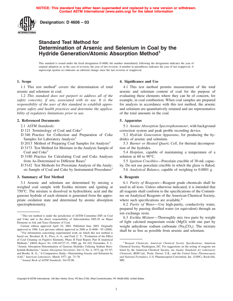 ASTM D4606-03 - Standard Test Method for Determination of Arsenic and Selenium in Coal by the Hydride Generation/Atomic Absorption Method