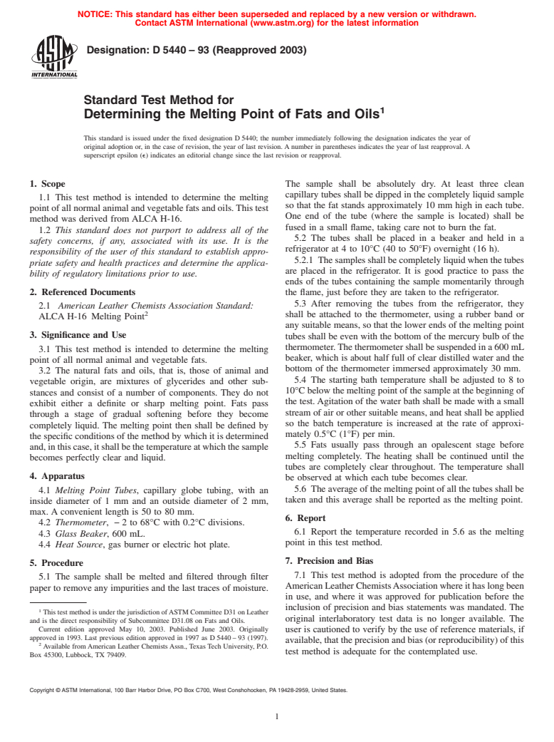 ASTM D5440-93(2003) - Standard Test Method for Determining the Melting Point of Fats and Oils