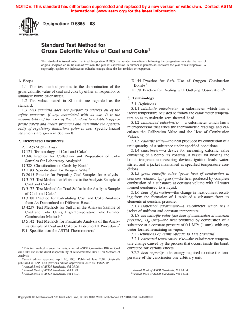 ASTM D5865-03 - Standard Test Method for Gross Calorific Value of Coal and Coke