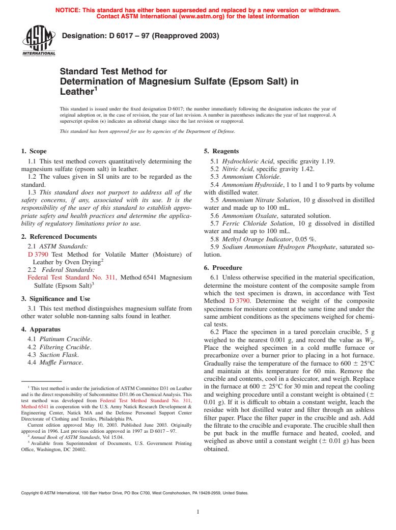 ASTM D6017-97(2003) - Standard Test Method for Determination of Magnesium Sulfate (Epsom Salt) in Leather