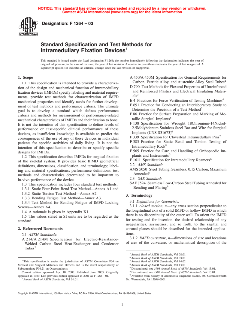 ASTM F1264-03 - Standard Specification and Test Methods for Intramedullary Fixation Devices