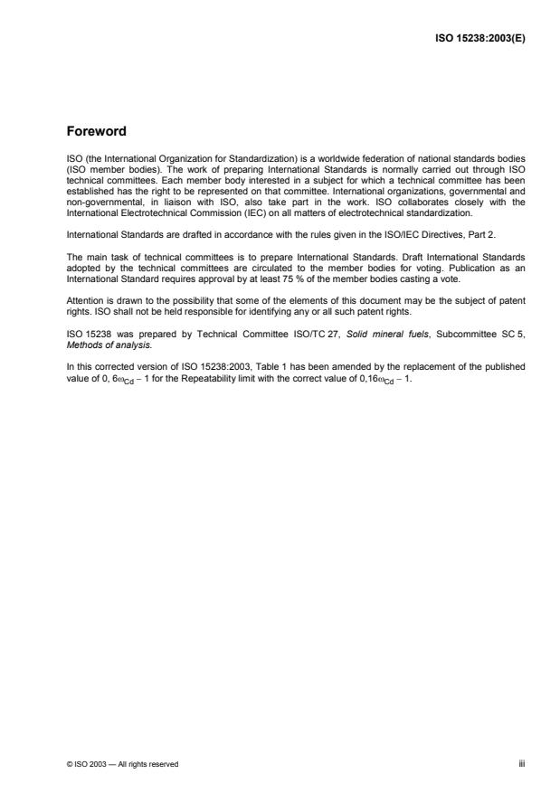 ISO 15238:2003 - Solid mineral fuels -- Determination of total cadmium content of coal