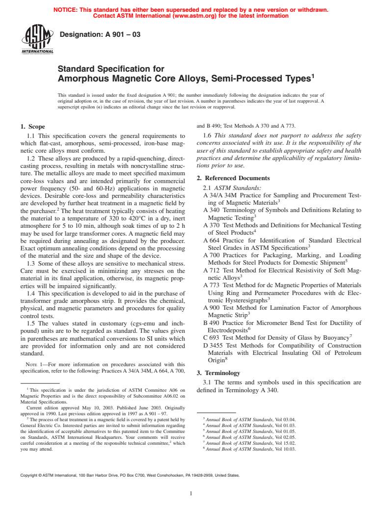 ASTM A901-03 - Standard Specification for Amorphous Magnetic Core Alloys, Semi-Processed Types