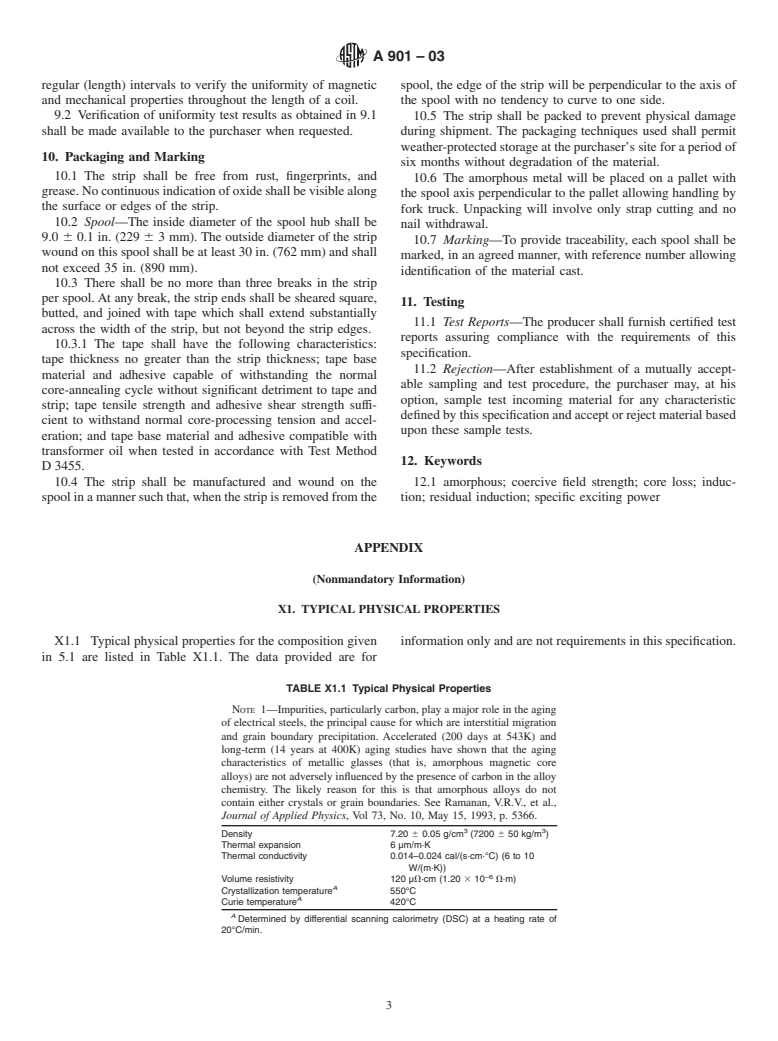 ASTM A901-03 - Standard Specification for Amorphous Magnetic Core Alloys, Semi-Processed Types