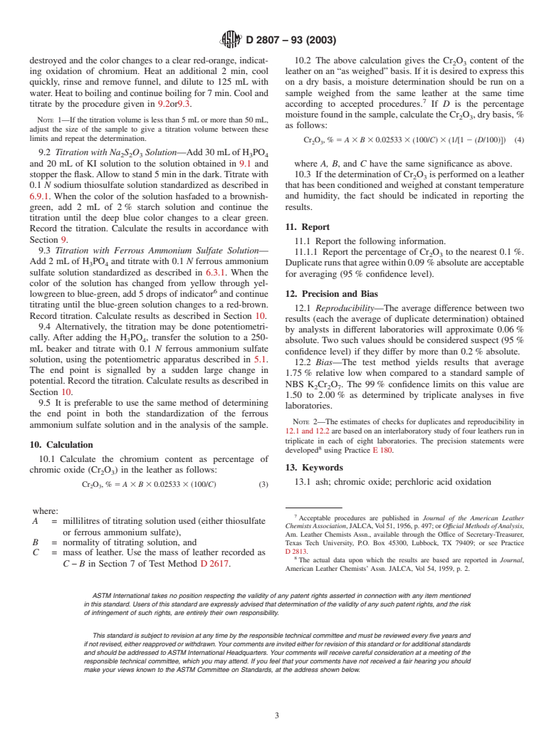 ASTM D2807-93(2003) - Standard Test Method for Chromic Oxide in Leather (Perchloric Acid Oxidation)
