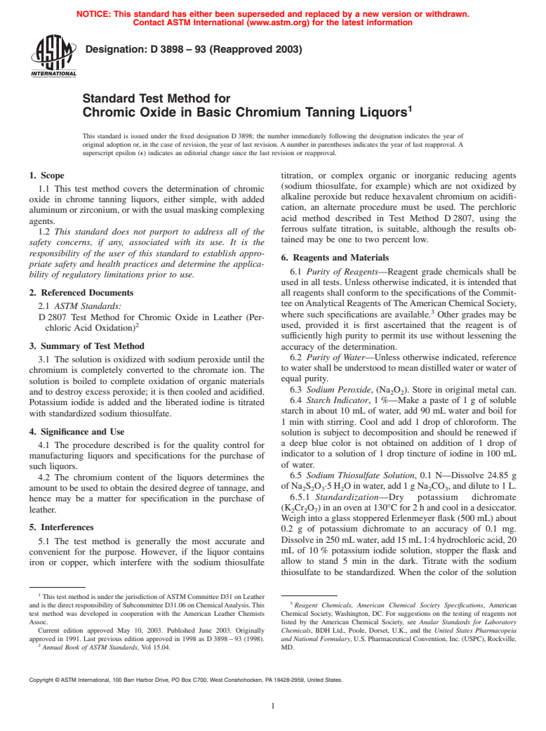 ASTM D3898-93(2003) - Standard Test Method for Chromic Oxide in Basic Chromium Tanning Liquors