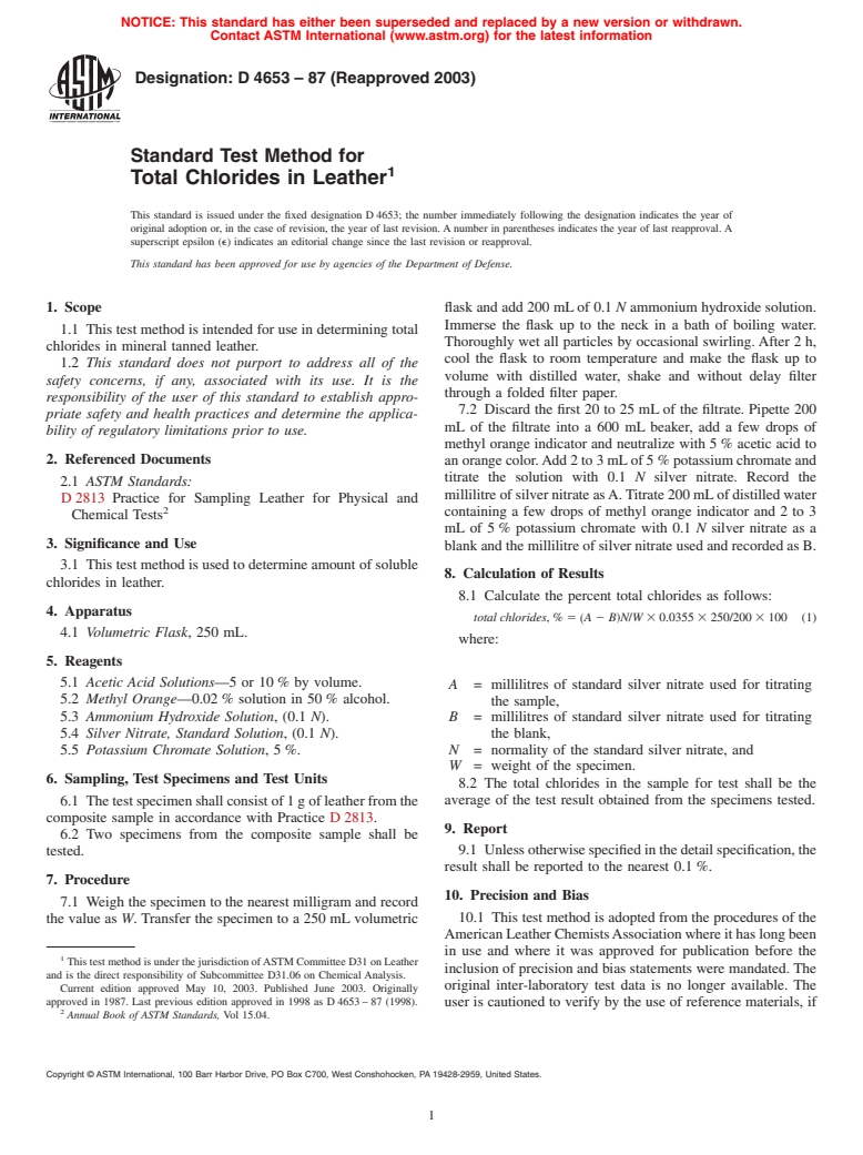 ASTM D4653-87(2003) - Standard Test Method for Total Chlorides in Leather