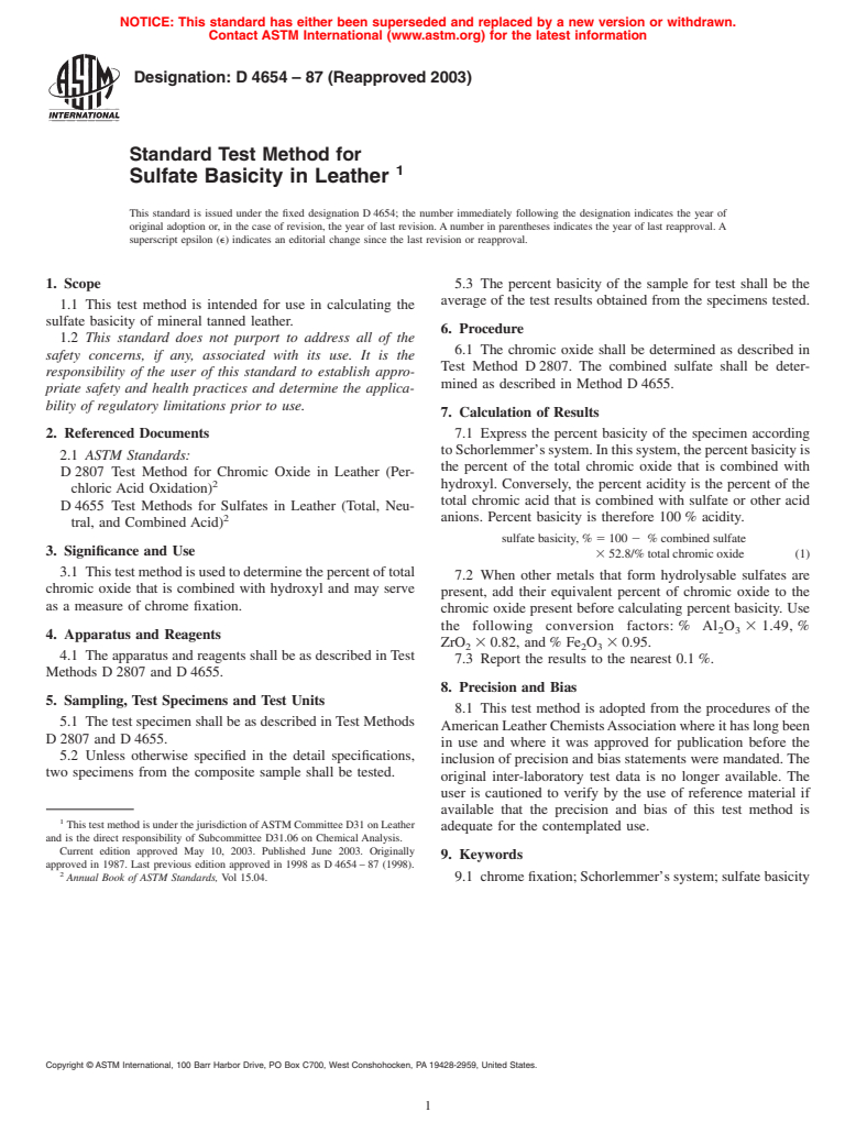 ASTM D4654-87(2003) - Standard Test Method for Sulfate Basicity in Leather