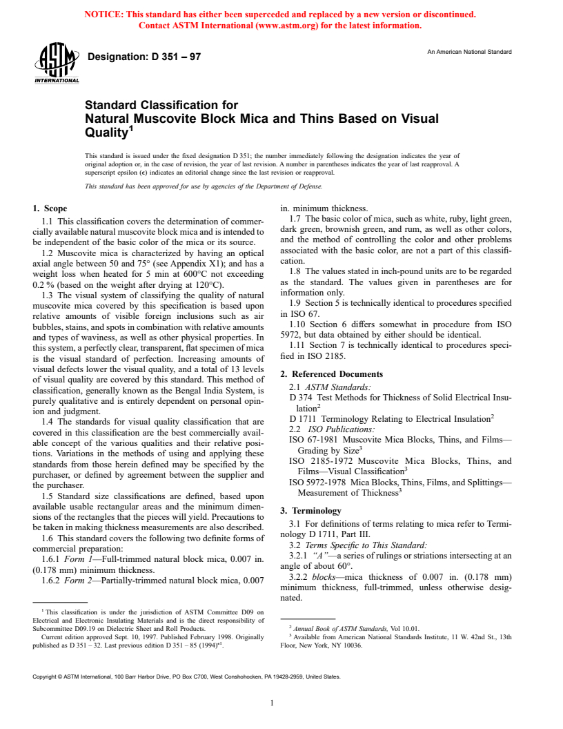 ASTM D351-97 - Standard Classification for Natural Muscovite Block Mica and Thins Based on Visual Quality