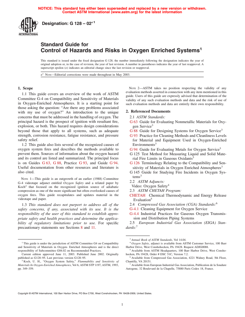ASTM G128-02e1 - Standard Guide for Control of Hazards and Risks in Oxygen Enriched Systems