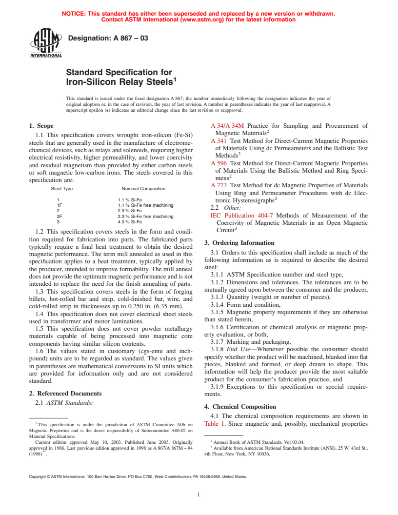 ASTM A867-03 - Standard Specification for Iron-Silicon Relay Steels
