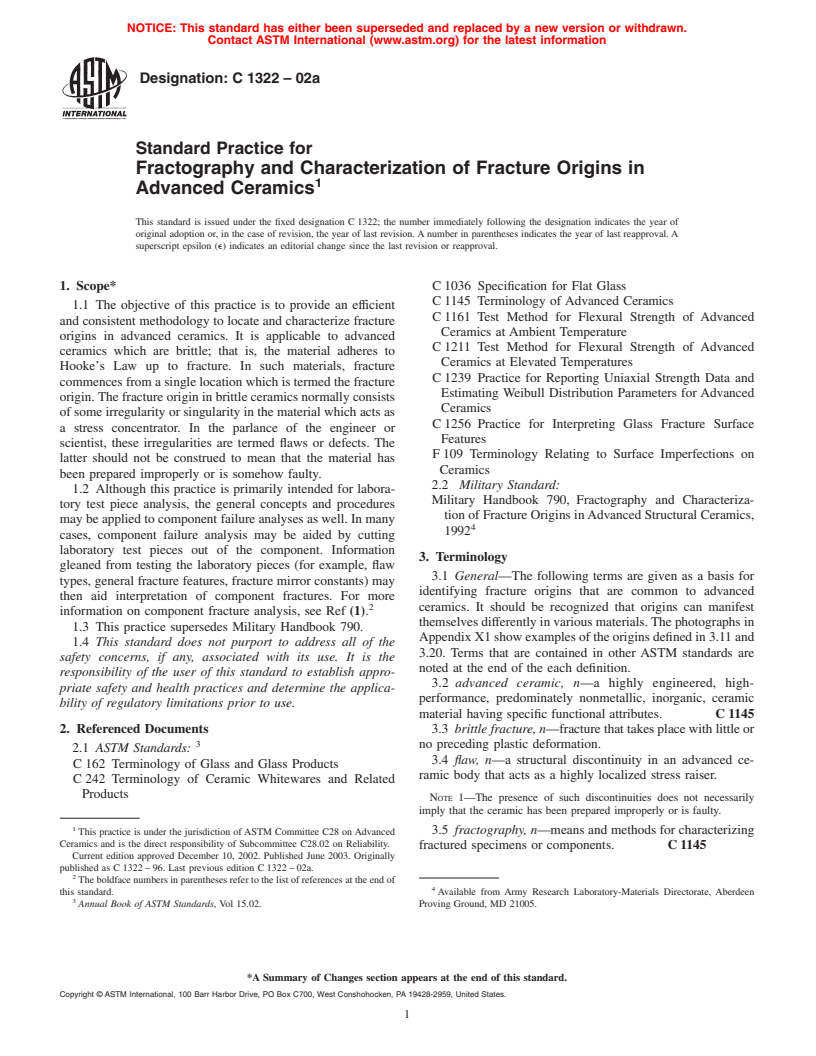 ASTM C1322-02a - Standard Practice for Fractography and Characterization of Fracture Origins in Advanced Ceramics