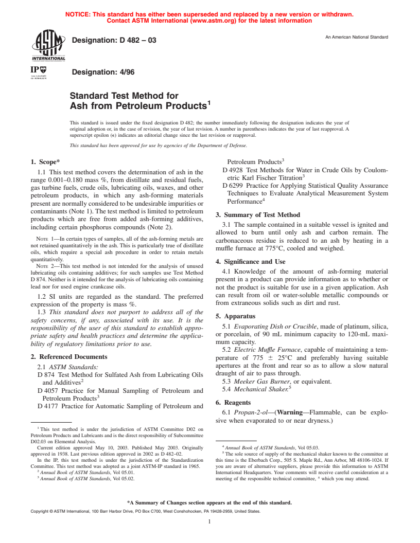 ASTM D482-03 - Standard Test Method for Ash from Petroleum Products