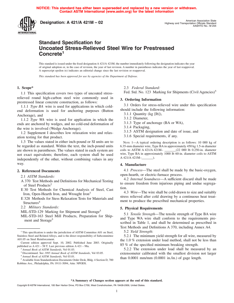 ASTM A421/A421M-02 - Standard Specification for Uncoated Stress-Relieved Steel Wire for Prestressed Concrete