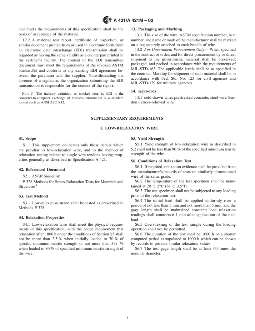 ASTM A421/A421M-02 - Standard Specification for Uncoated Stress-Relieved Steel Wire for Prestressed Concrete