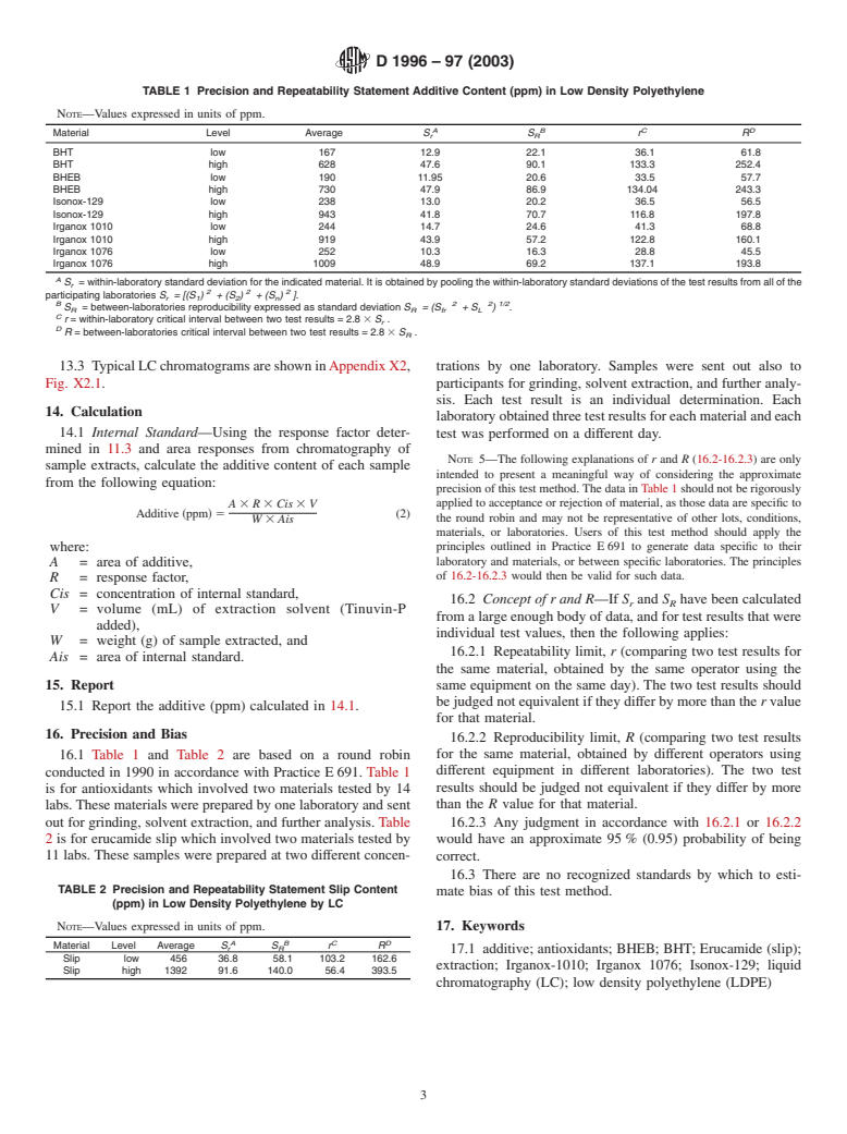 ASTM D1996-97(2003) - Standard Test Method for Determination of Phenolic Antioxidants and Erucamide Slip Additives in Low Density Polyethylene Using Liquid Chromatography (LC) (Withdrawn 2009)