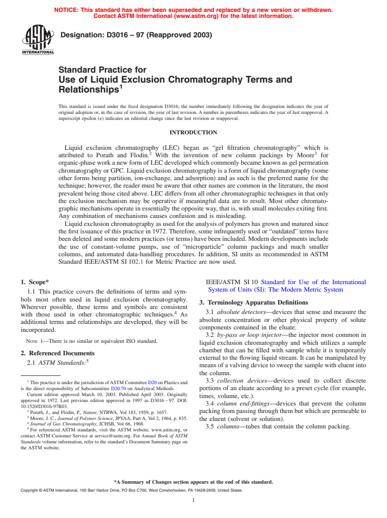 ASTM D3016-97(2003) - Standard Practice for Use of Liquid Exclusion Chromatography Terms and Relationships