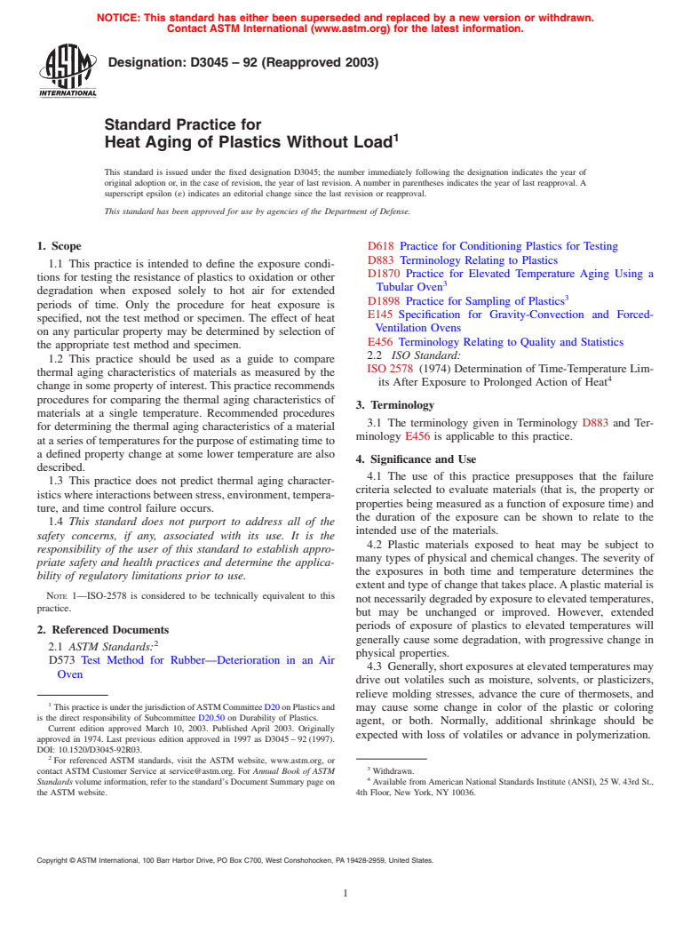 ASTM D3045-92(2003) - Standard Practice for Heat Aging of Plastics Without Load