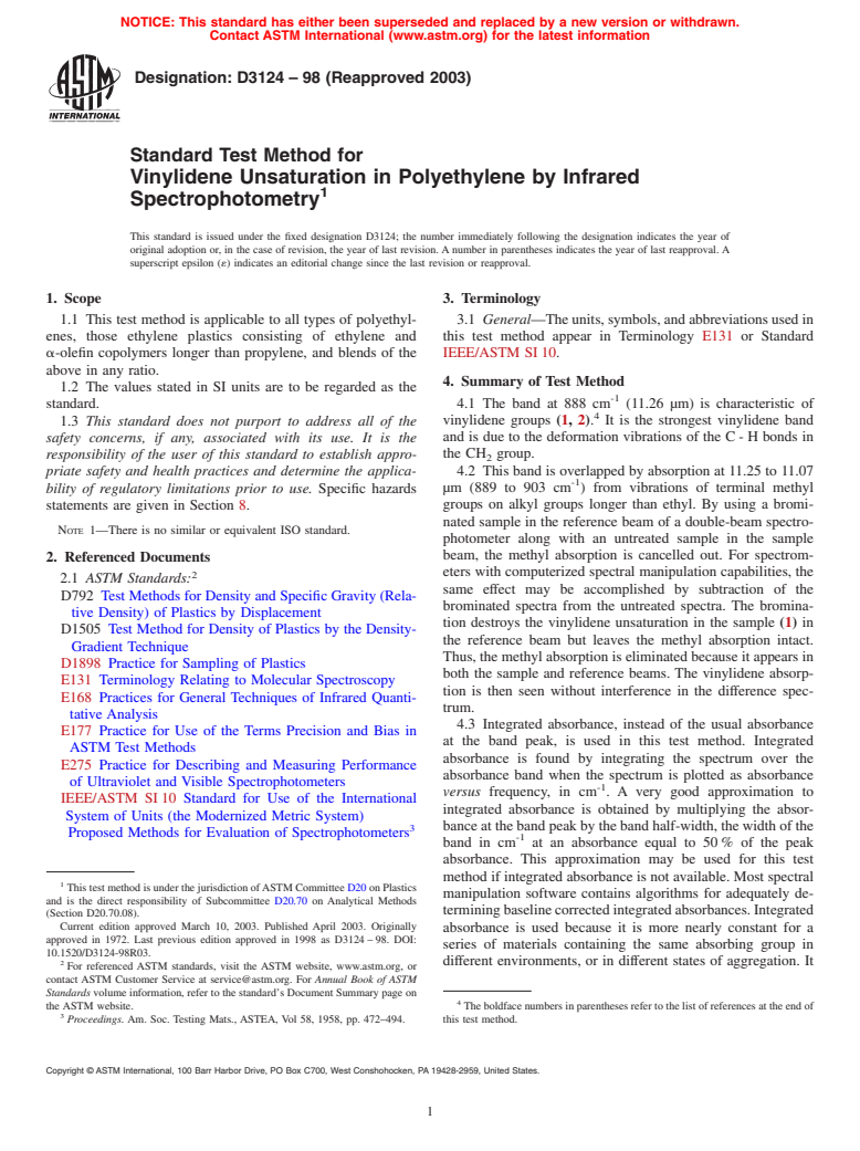 ASTM D3124-98(2003) - Standard Test Method for Vinylidene Unsaturation in Polyethylene by Infrared Spectrophotometry