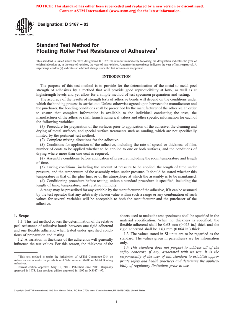 ASTM D3167-03 - Standard Test Method for Floating Roller Peel Resistance of Adhesives